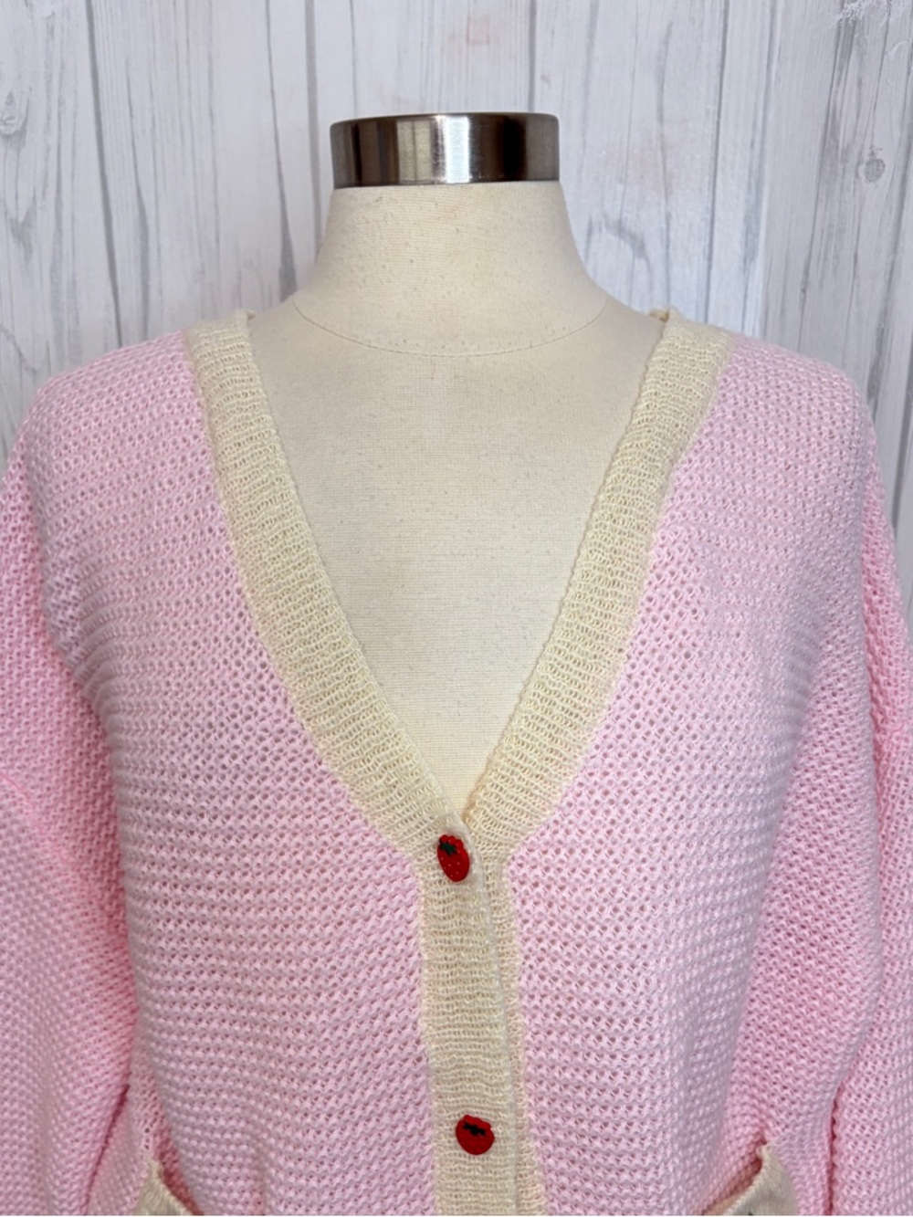ROMWE Kawaii Strawberry Pattern Bishop Sleeve Sweater Cardigan, Large - Picture 3 of 12